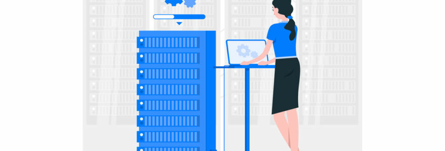 Illustration d'une professionnelle de la data science utilisant Power BI pour l'analyse de données dans un centre de données moderne