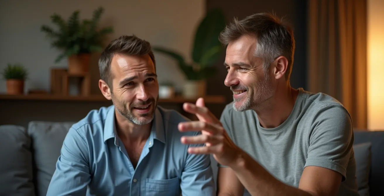 Technicien expliquant un problème technique à un client dans un environnement résidentiel, interaction empathique et pédagogique