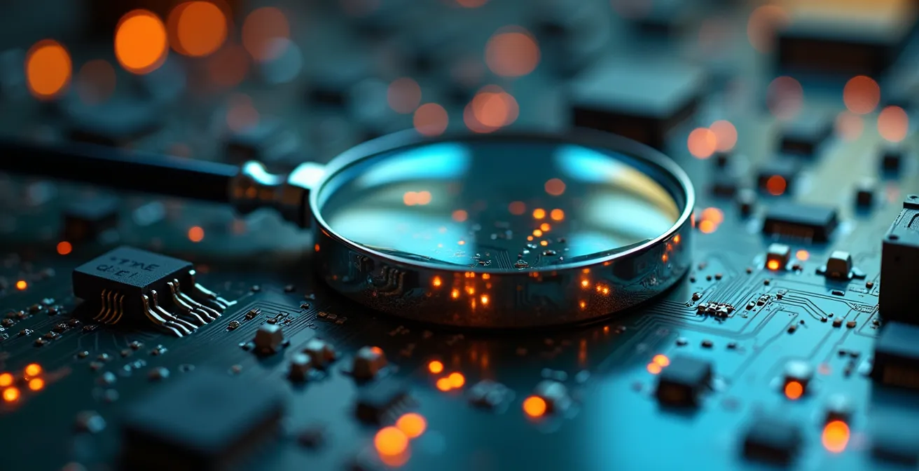Vue macro d'une loupe examinant un circuit électronique de sécurité