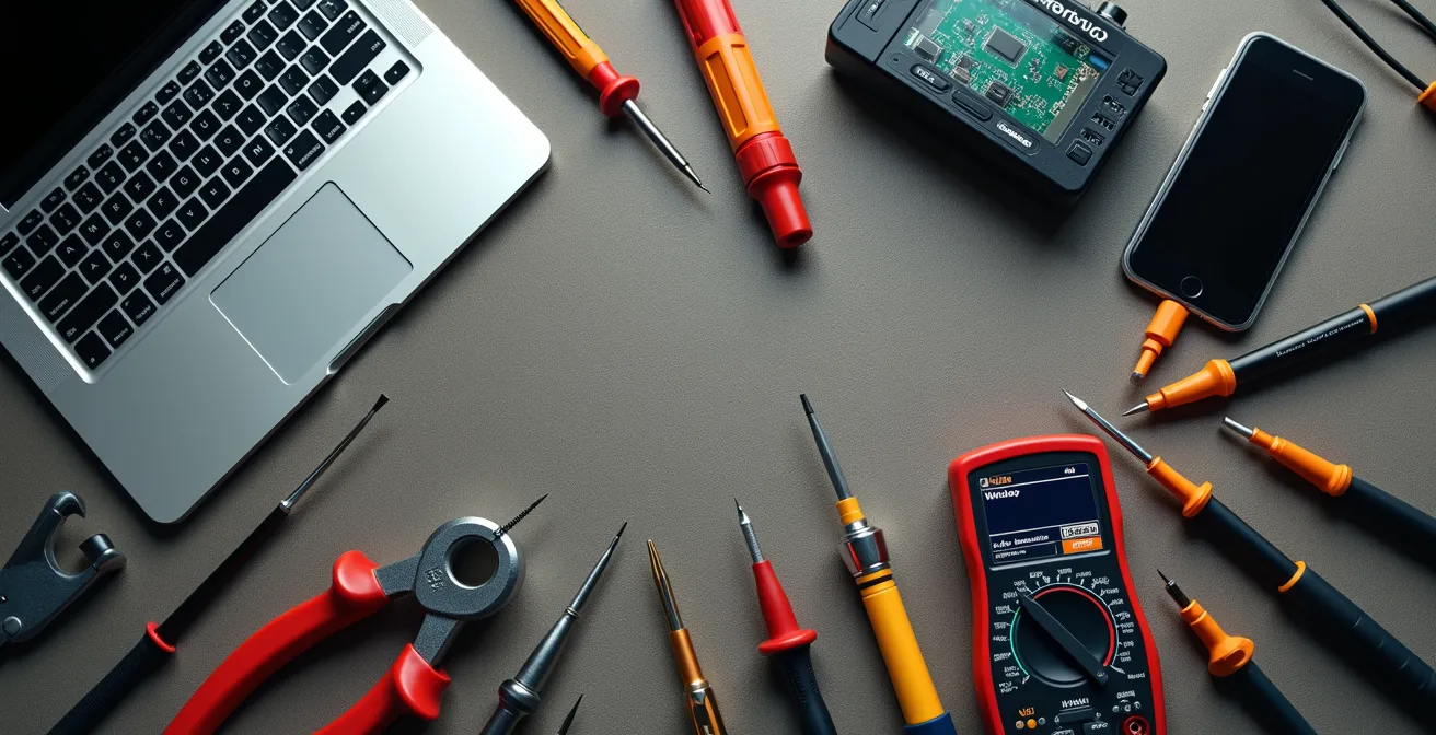 Boîte à outils du technicien moderne : multimètre, ordinateur portable, smartphone, testeur Wi-Fi et outils traditionnels