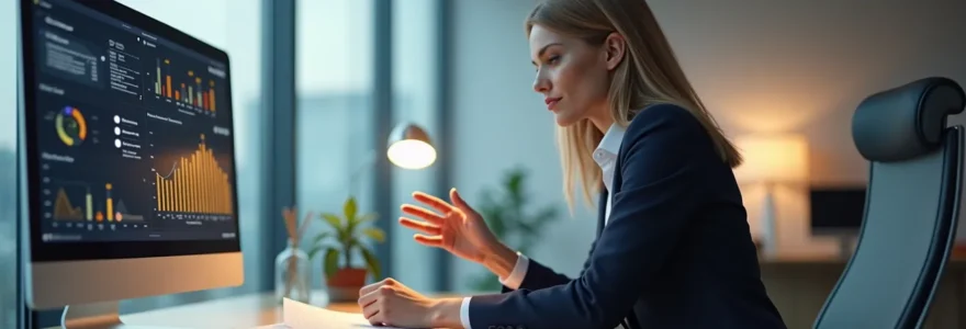 Un professionnel RH en train de jongler entre des dossiers de formation et un écran affichant un tableau de bord, illustrant la tension entre administration et stratégie
