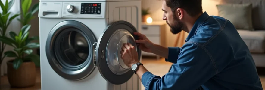 Technicien expert en train de diagnostiquer un appareil électroménager connecté avec des outils professionnels