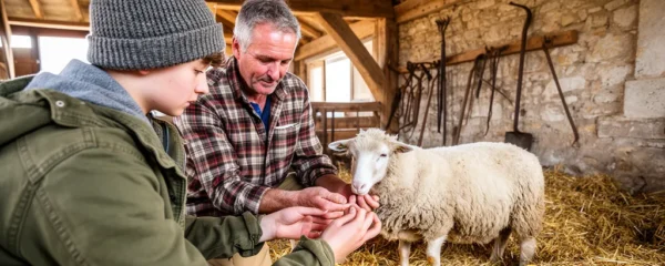 Apprenti en formation agricole MFR travaillant aux côtés d'un éleveur expérimenté dans une exploitation du Maine-et-Loire