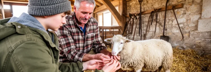 Apprenti en formation agricole MFR travaillant aux côtés d'un éleveur expérimenté dans une exploitation du Maine-et-Loire