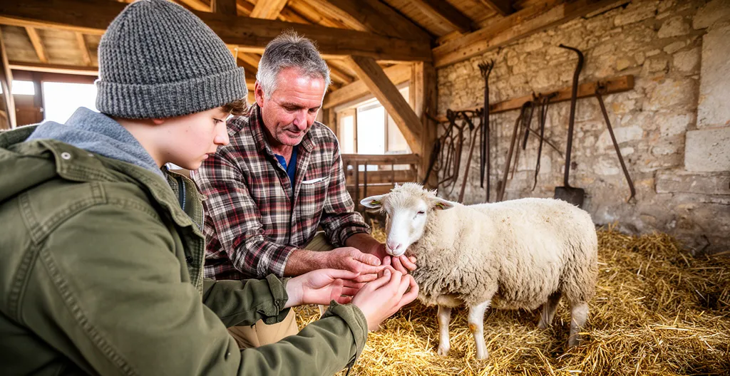 Apprenti en formation agricole MFR travaillant aux côtés d'un éleveur expérimenté dans une exploitation du Maine-et-Loire