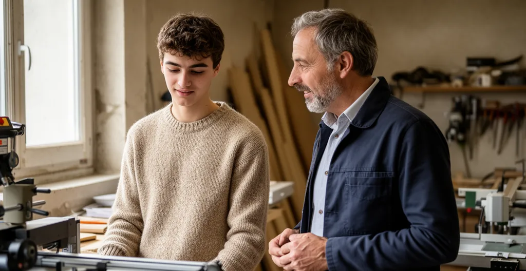 Jeune candidat à l'apprentissage en discussion avec un professionnel dans son atelier