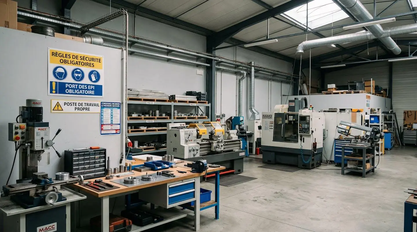 Vue large d'un atelier industriel propre avec des affiches de consignes de sécurité visibles sur un mur, espace de travail organisé avec machines