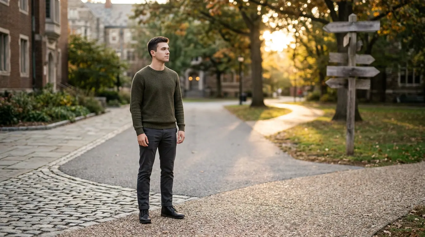 Étudiant à un carrefour symbolique choisissant entre différentes voies professionnelles rapides après le bac