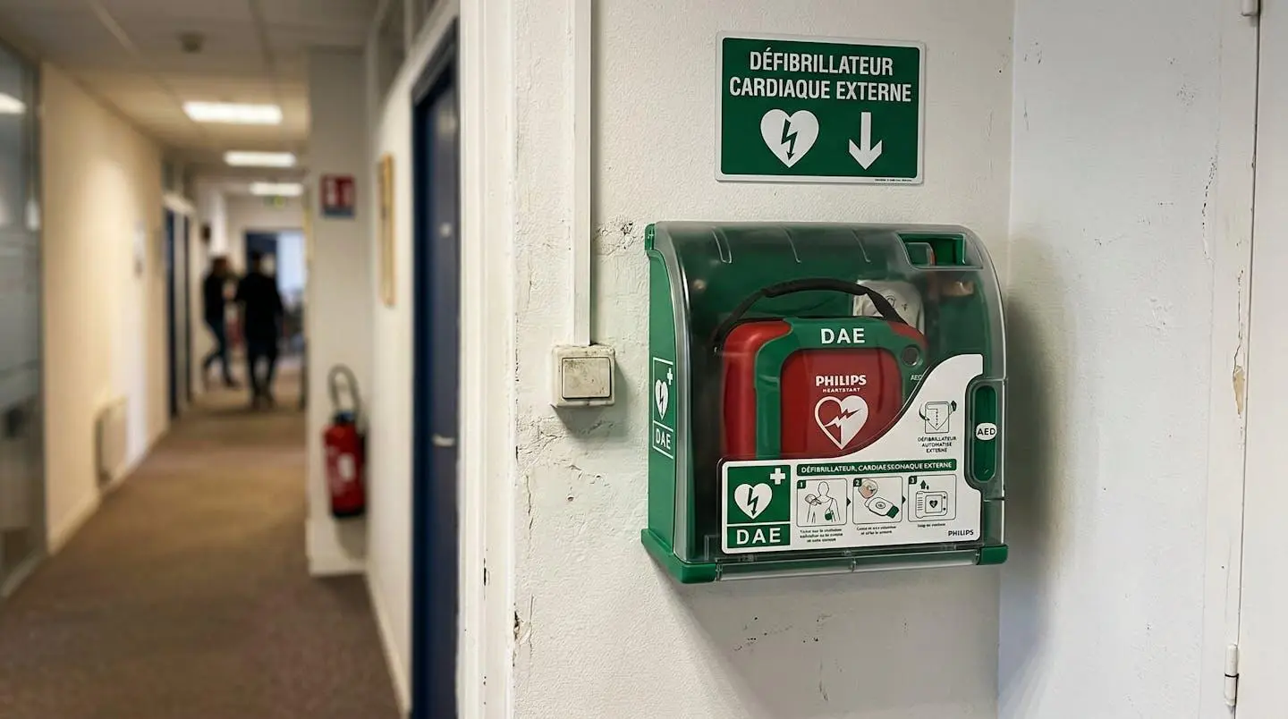 Un défibrillateur automatique externe accroché à un mur blanc dans un couloir d'entreprise, signalétique verte visible au-dessus