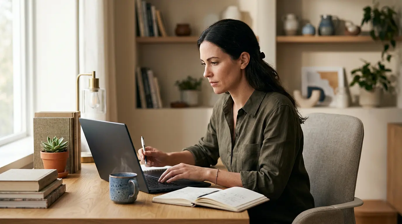 Personne travaillant sur ordinateur dans un espace de travail organisé, symbolisant la formation à distance pour adultes en activité