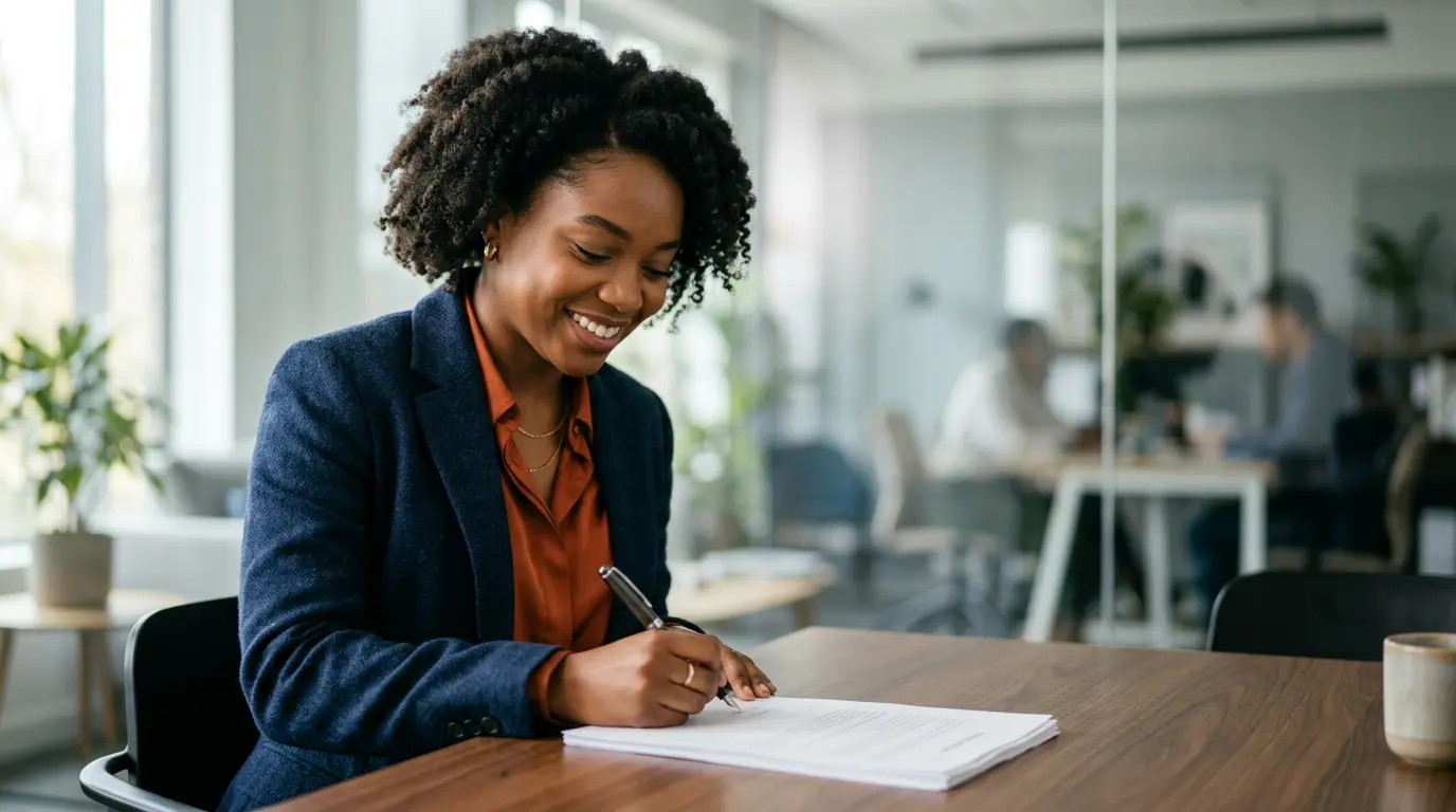 Jeune professionnel signant un contrat de formation en alternance dans un environnement d'entreprise moderne