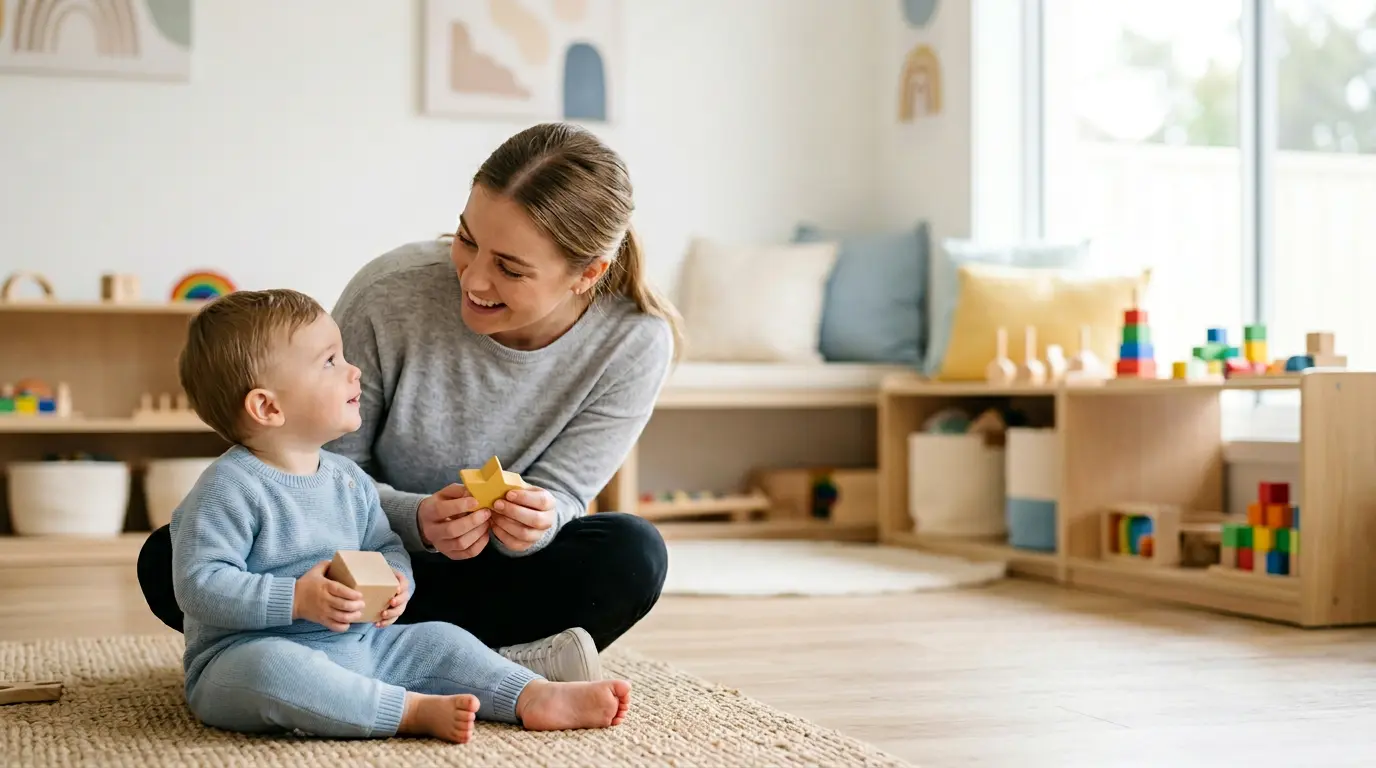 Professionnelle de la petite enfance en interaction bienveillante avec un jeune enfant dans un environnement éducatif chaleureux