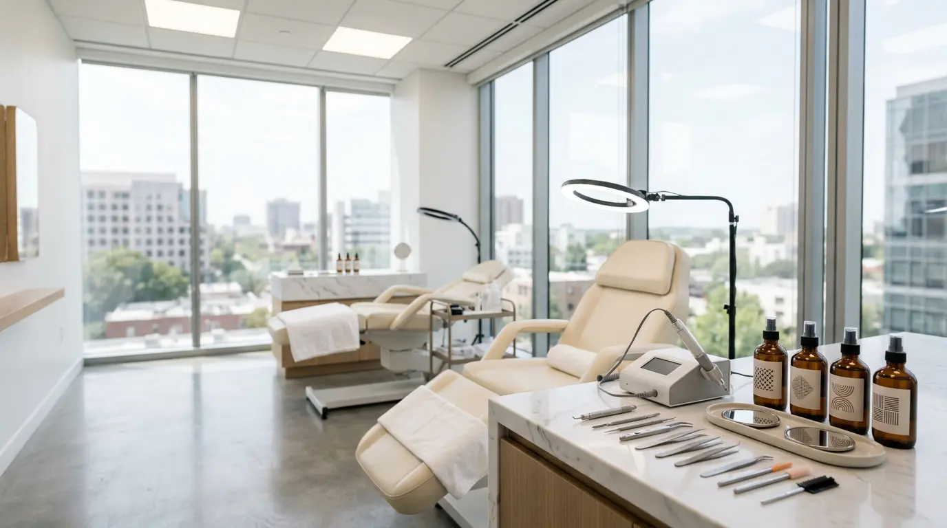 Environnement professionnel d'un institut de beauté moderne avec matériel de formation et planification stratégique