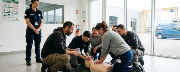 Un groupe de salariés en tenue de travail pratique les gestes de premiers secours sur un mannequin dans une salle de formation lumineuse, formateur debout en arrière-plan