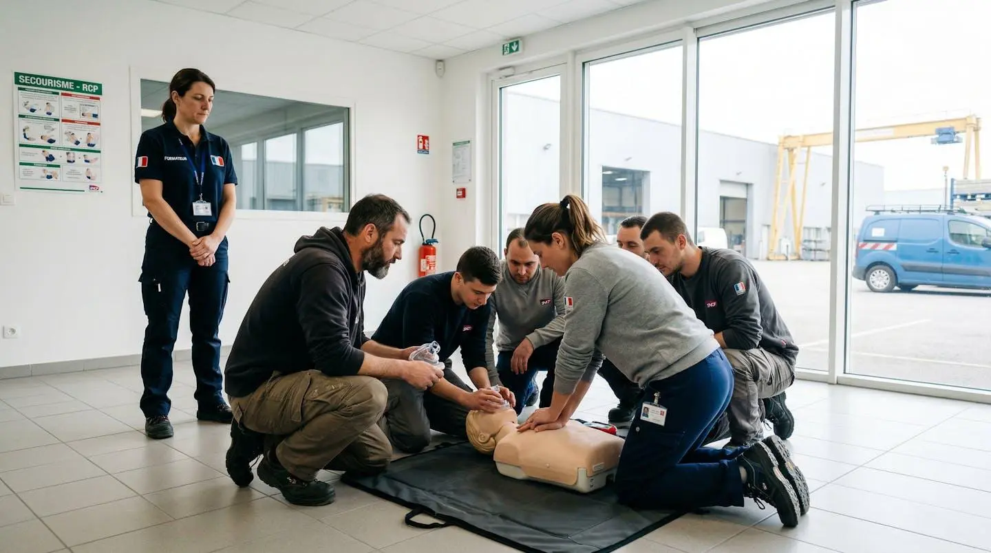 Un groupe de salariés en tenue de travail pratique les gestes de premiers secours sur un mannequin dans une salle de formation lumineuse, formateur debout en arrière-plan