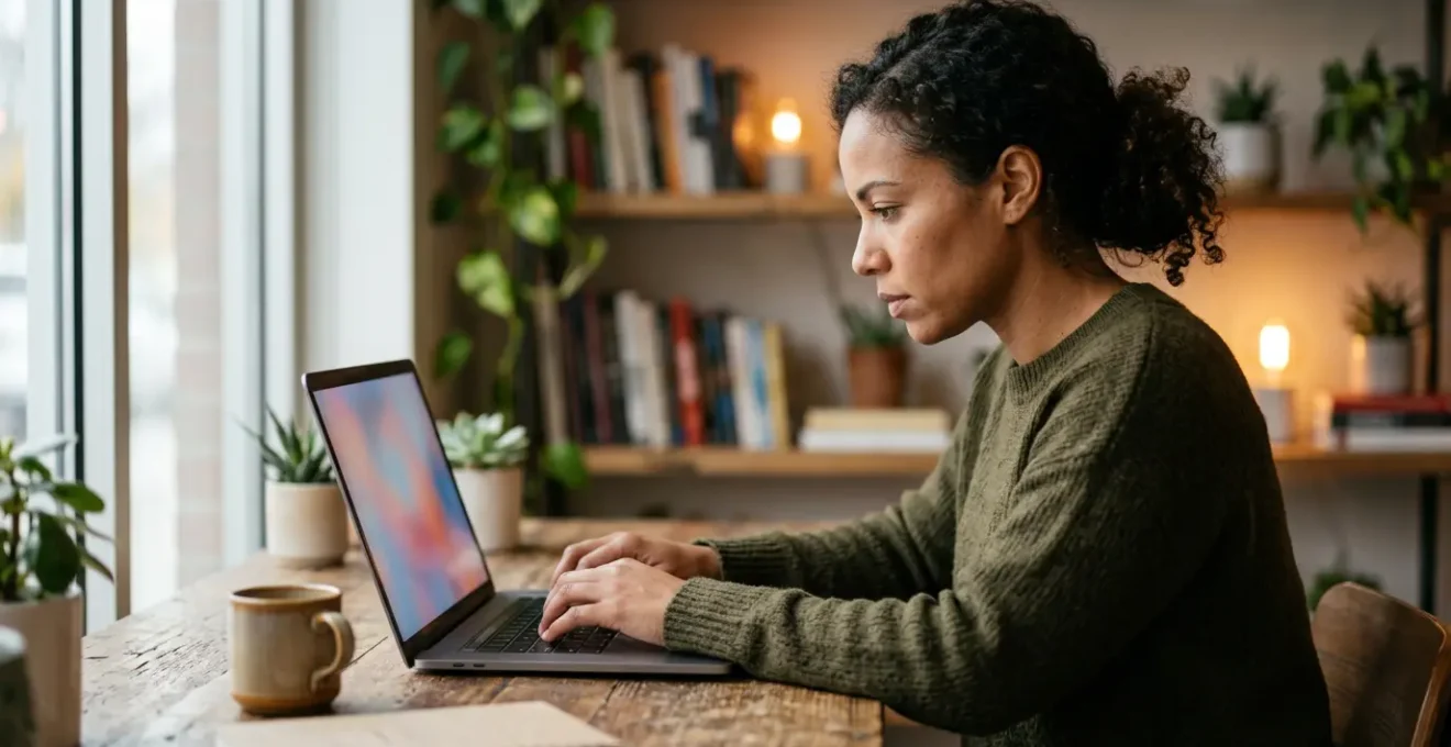 Personne concentrée devant un ordinateur portable dans un environnement moderne d'apprentissage du code