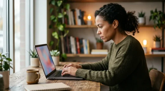Personne concentrée devant un ordinateur portable dans un environnement moderne d'apprentissage du code