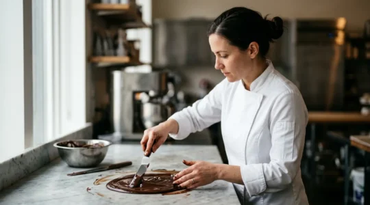 Chocolatier professionnel travaillant dans son atelier artisanal