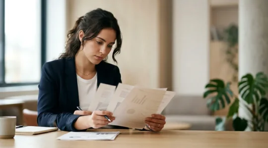Jeune apprenti commercial consultant son bulletin de salaire dans un environnement professionnel moderne