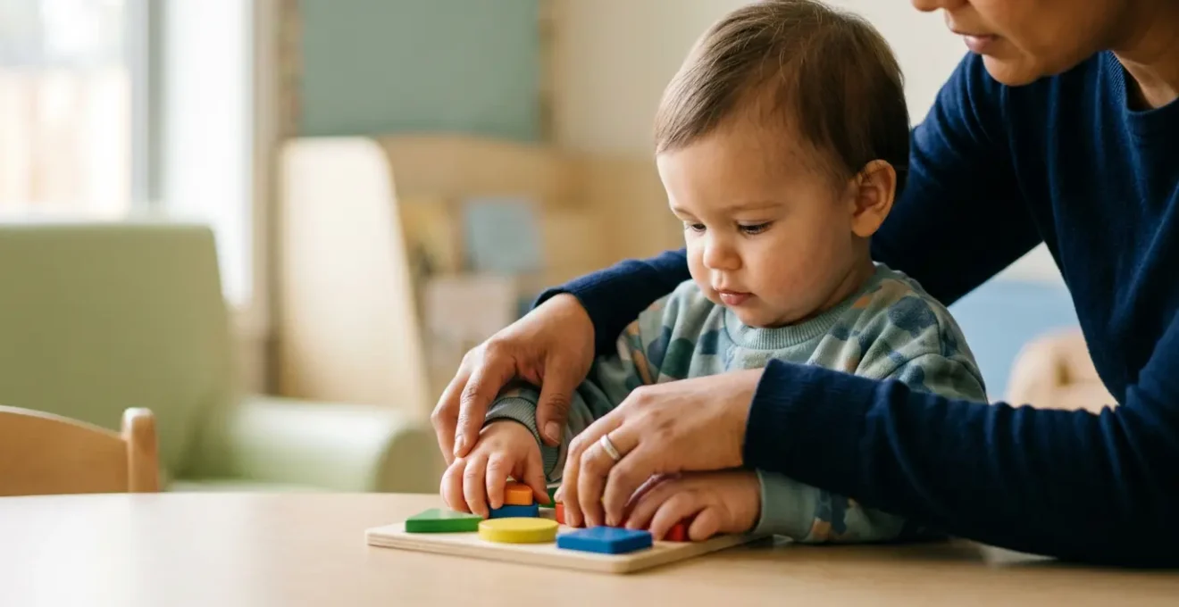 Professionnel de la petite enfance accompagnant un jeune enfant dans une activité d'éveil éducative en crèche