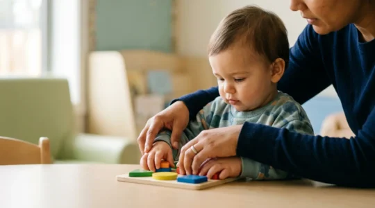 Professionnel de la petite enfance accompagnant un jeune enfant dans une activité d'éveil éducative en crèche