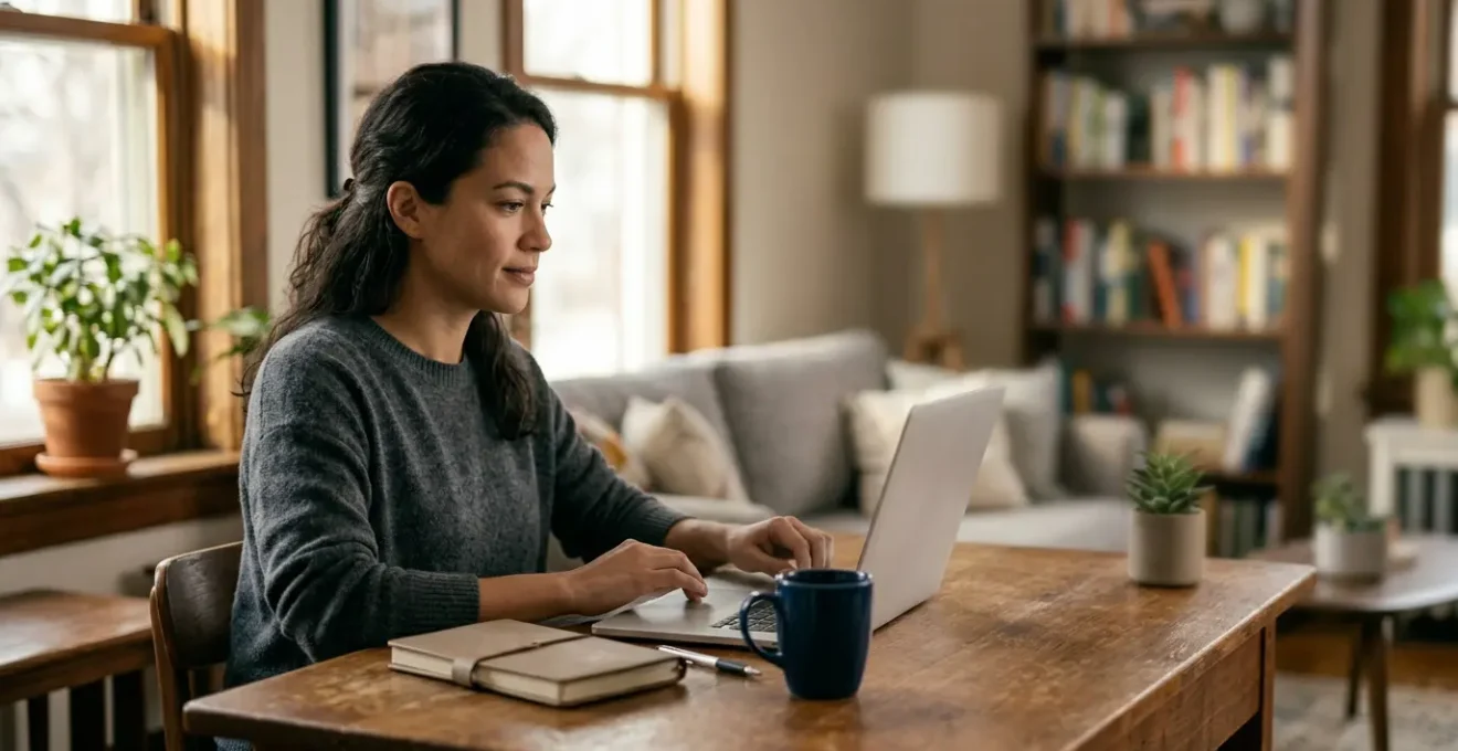 Personne étudiant à domicile avec ordinateur portable dans un espace de vie moderne et lumineux