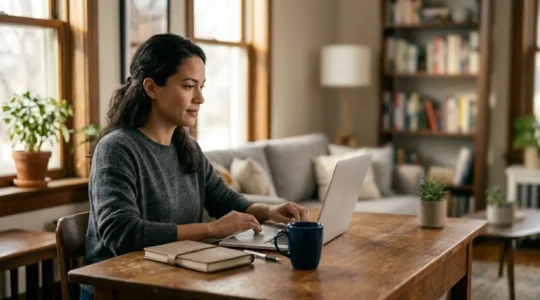 Personne étudiant à domicile avec ordinateur portable dans un espace de vie moderne et lumineux
