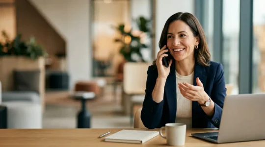 Commercial confiant au téléphone dans un environnement professionnel moderne