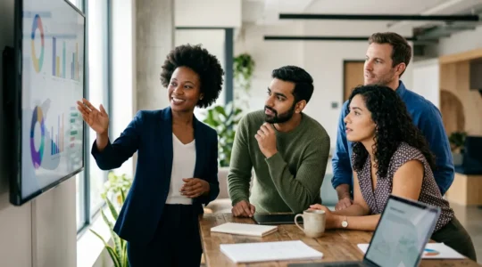 Equipe commerciale dynamique travaillant ensemble avec energie et determination