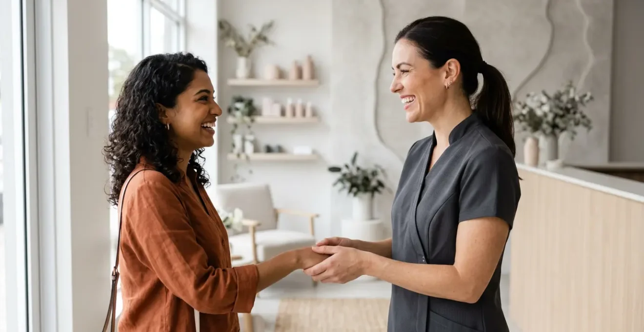 Une esthéticienne professionnelle accueillant une cliente dans un institut de beauté moderne et lumineux