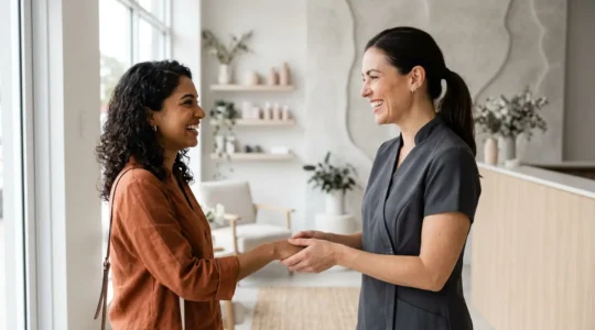Une esthéticienne professionnelle accueillant une cliente dans un institut de beauté moderne et lumineux