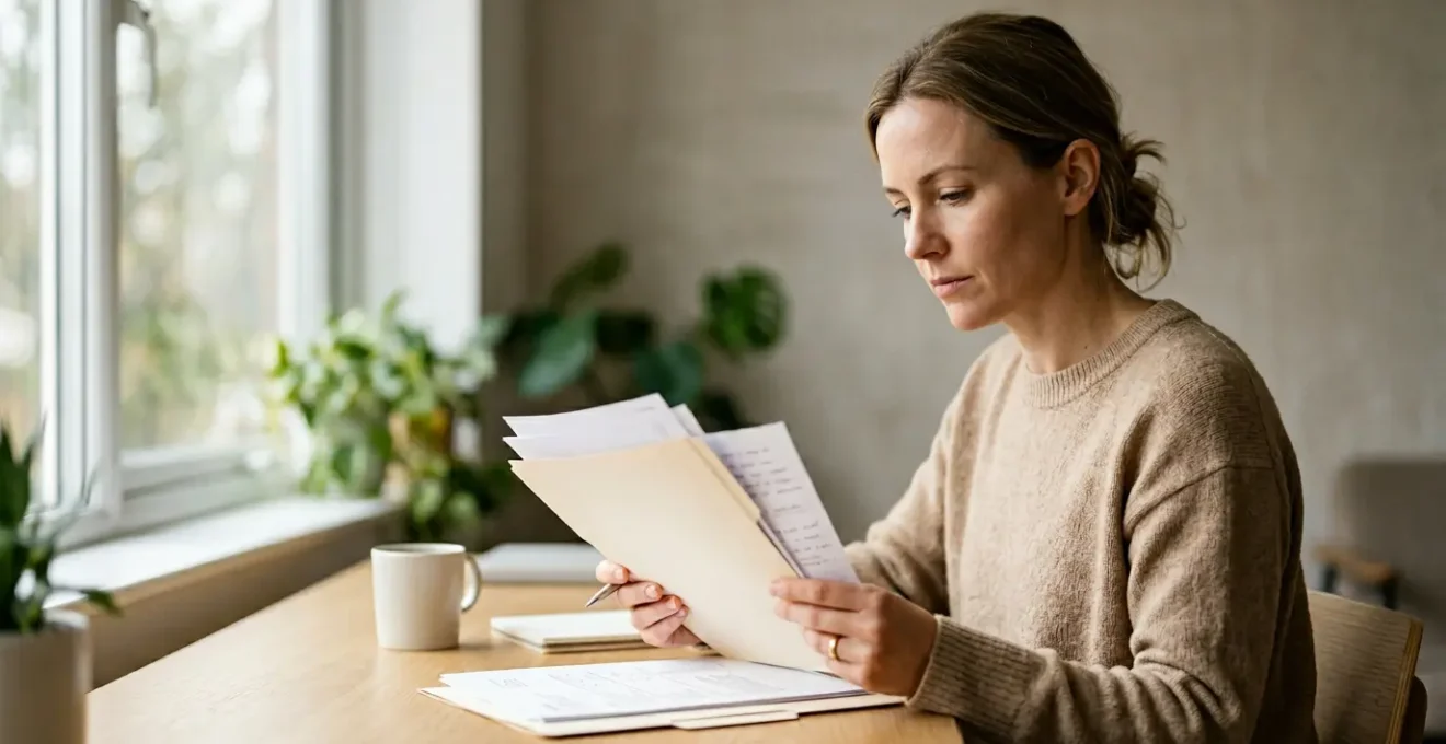 Personne en reconversion professionnelle consultant des documents administratifs pour un projet de formation en esthétique