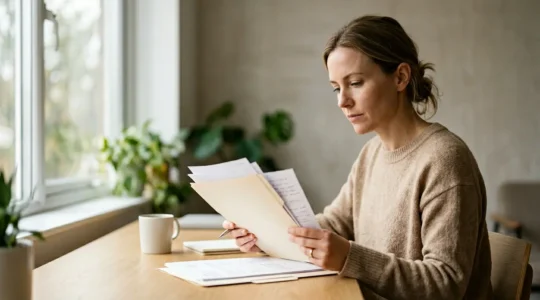 Personne en reconversion professionnelle consultant des documents administratifs pour un projet de formation en esthétique