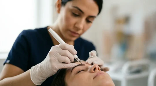 Professionnelle esthéticienne pratiquant technique avancée sur modèle dans environnement de formation