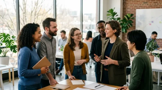Leader inspirant guidant une équipe commerciale vers la performance collective