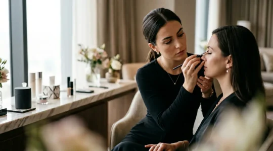 Maquilleuse professionnelle au travail lors d'un événement haut de gamme