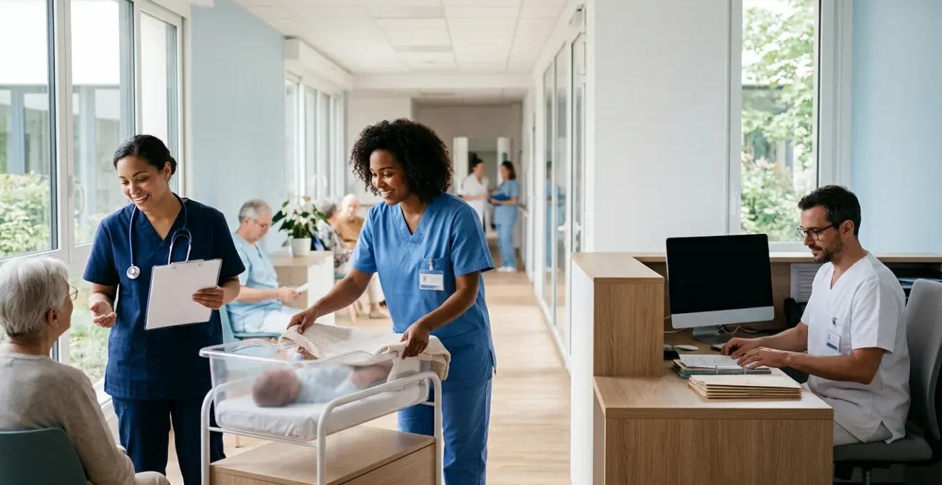Professionnels de santé paramédicaux dans un environnement médical moderne en France