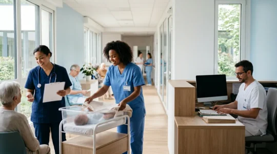 Professionnels de santé paramédicaux dans un environnement médical moderne en France
