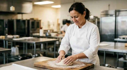 Professionnel en reconversion se formant aux métiers de bouche dans un environnement de formation culinaire