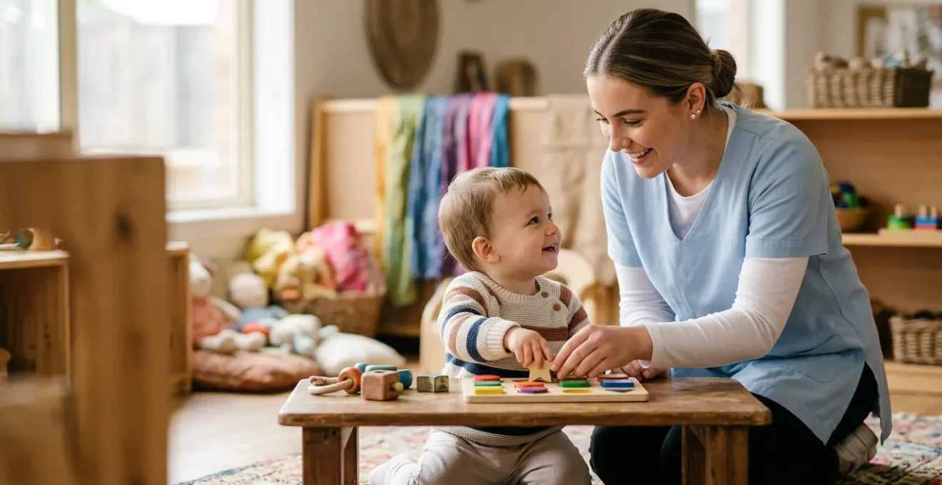 Professionnelle de la petite enfance accompagnant un enfant lors d'une activité d'éveil éducative