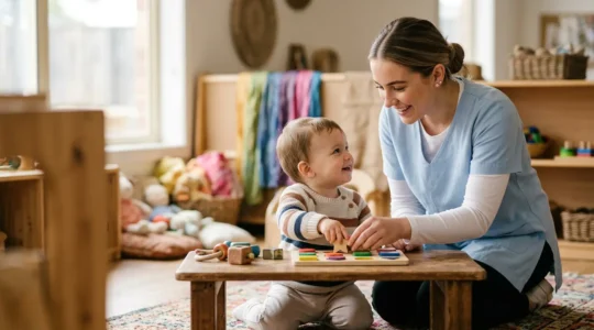 Professionnelle de la petite enfance accompagnant un enfant lors d'une activité d'éveil éducative