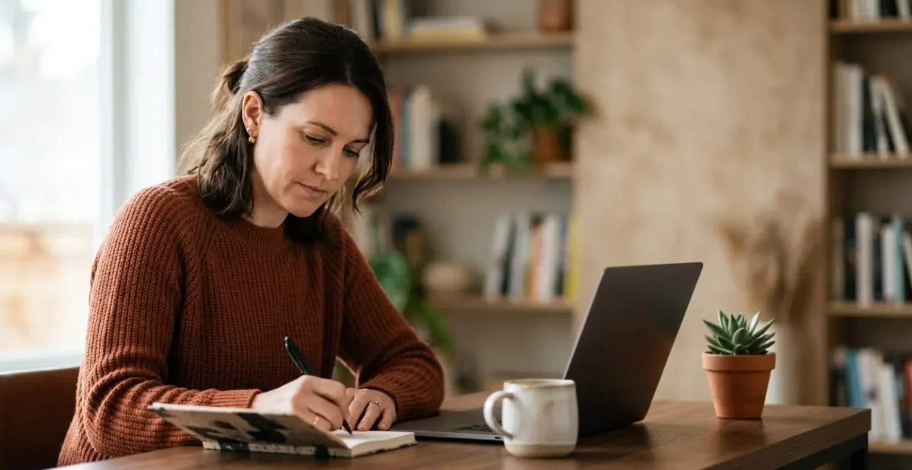 Professionnel concentré étudiant sur son ordinateur portable dans un environnement calme et organisé, équilibrant formation et travail