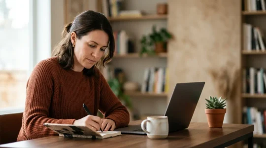 Professionnel concentré étudiant sur son ordinateur portable dans un environnement calme et organisé, équilibrant formation et travail