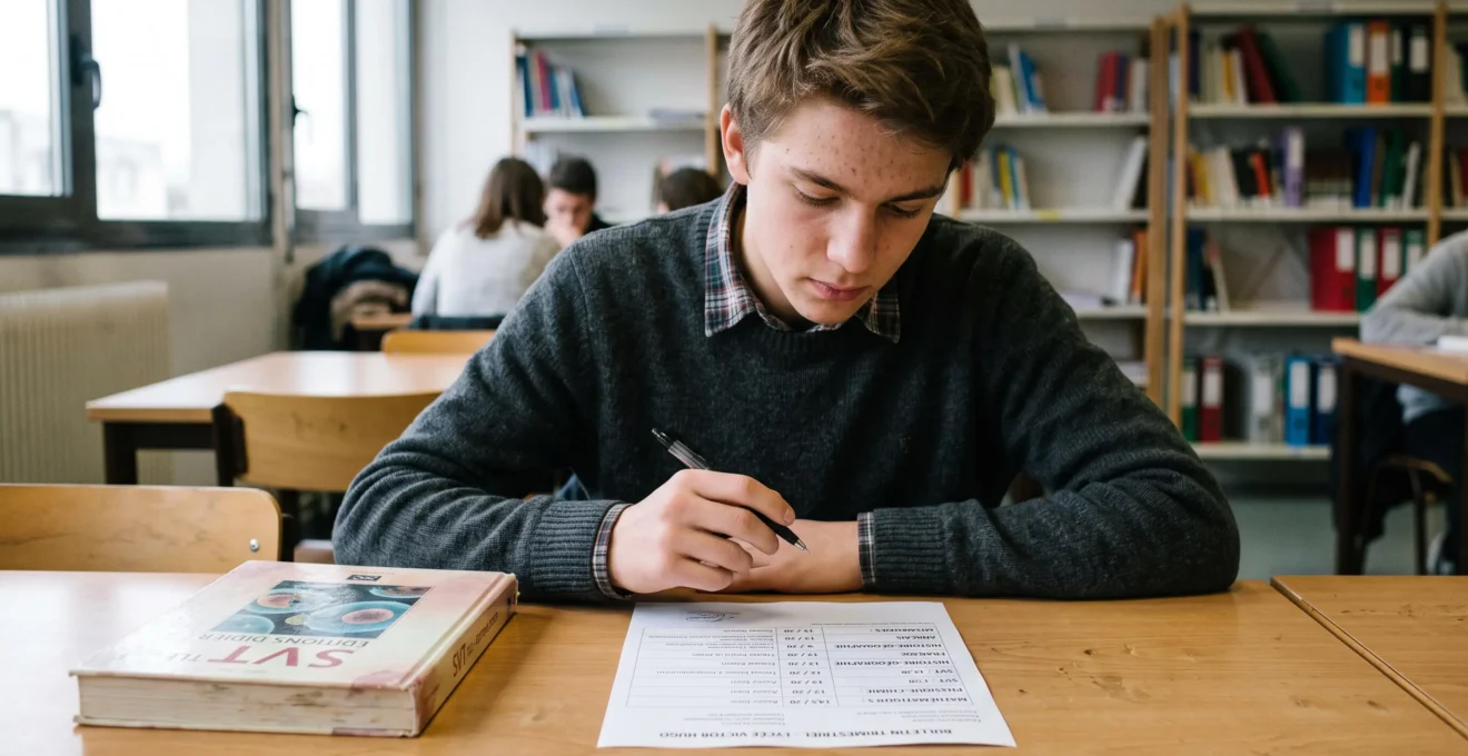 Un lycéen assis à une table de bibliothèque, examinant attentivement son bulletin scolaire avec notes de sciences (Mathématiques, Physique-Chimie, SVT) posé à plat devant lui, manuel scolaire fermé à côté