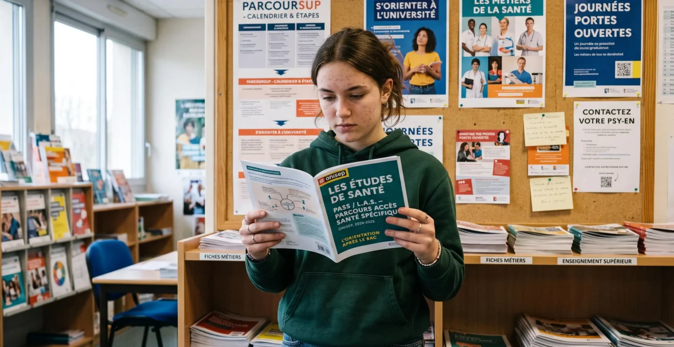 Un lycéen de terminale debout dans un bureau d'orientation scolaire, lisant attentivement une brochure ouverte sur les études de santé PASS/LAS, décor de lycée français avec documentation éducative en arrière-plan