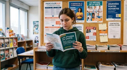 Un lycéen de terminale debout dans un bureau d'orientation scolaire, lisant attentivement une brochure ouverte sur les études de santé PASS/LAS, décor de lycée français avec documentation éducative en arrière-plan
