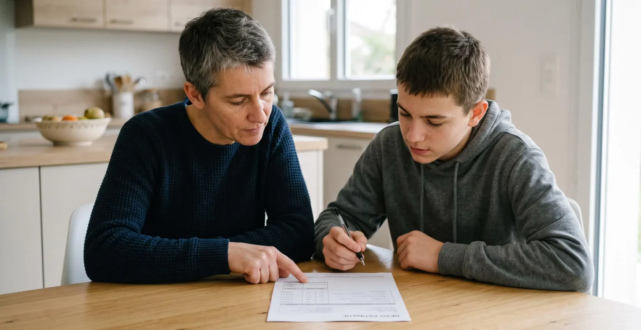Un parent et un adolescent assis côte à côte à une table, examinant ensemble un document tarifaire avec montants en euros, le parent pointant une ligne du doigt, décor domestique contemporain