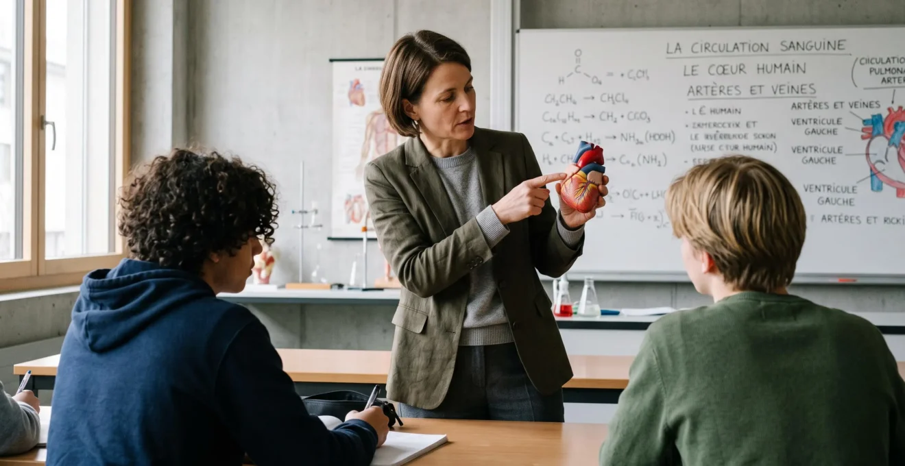 Un professeur debout en salle de classe tenant un modèle anatomique miniature, expliquant un concept à deux élèves assis de profils différents, tableau blanc avec formules chimiques en français en arrière-plan
