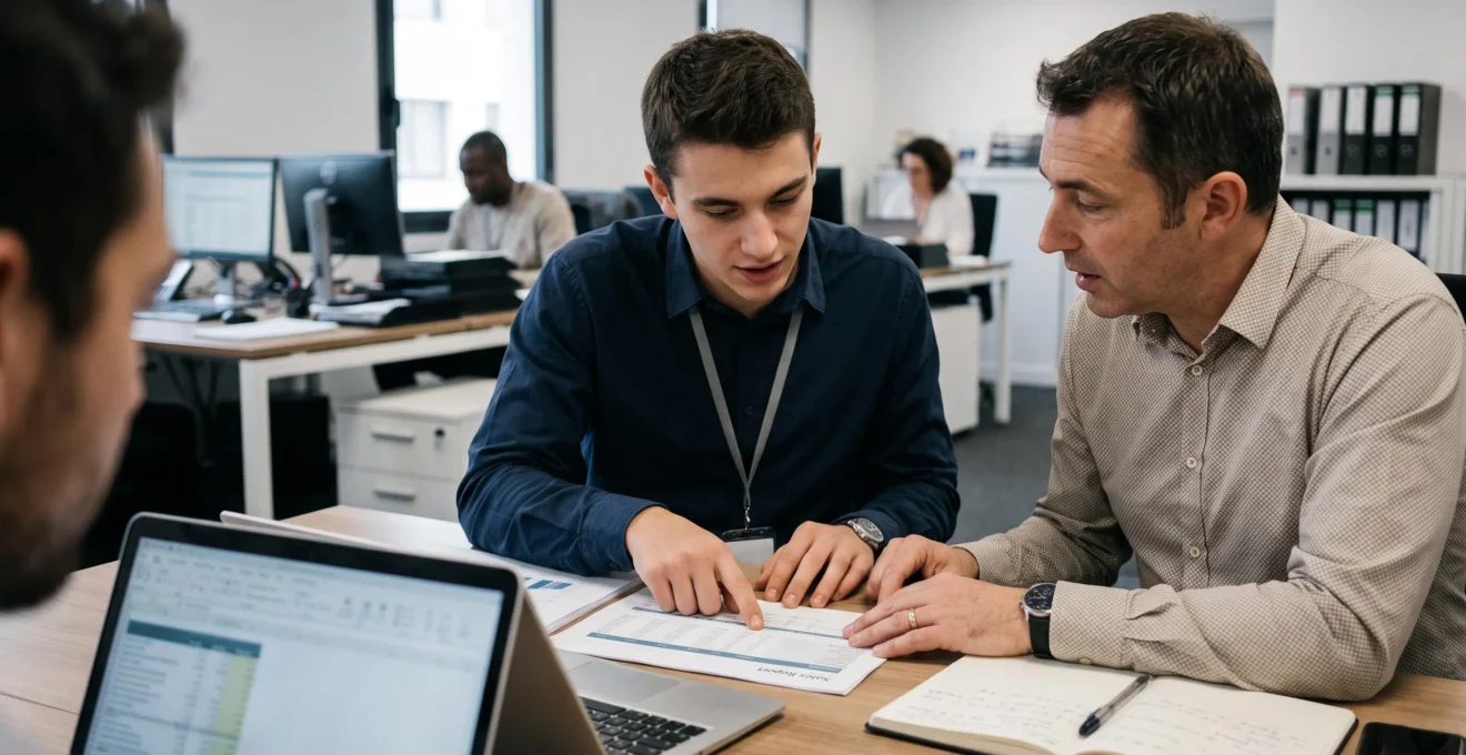 Un jeune alternant échange avec un collègue expérimenté autour d'un rapport de vente dans les bureaux d'une entreprise.