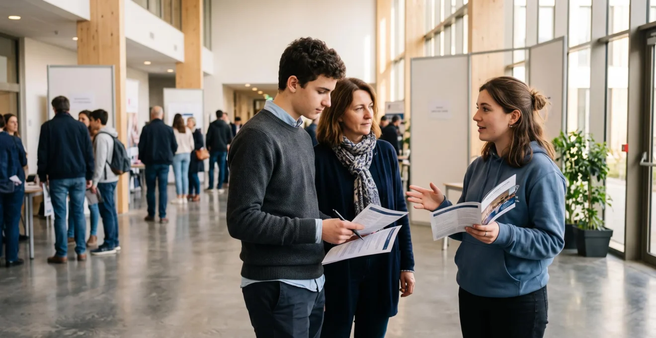 Un futur étudiant et son parent discutent avec une étudiante ambassadrice lors d'une journée portes ouvertes sur un campus.